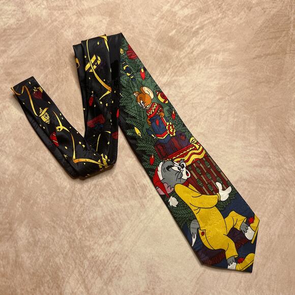 Vintage 90s Cartoon Corner Tom & Jerry Christmas Holiday Neck Tie Silk Winter - Picture 6 of 7